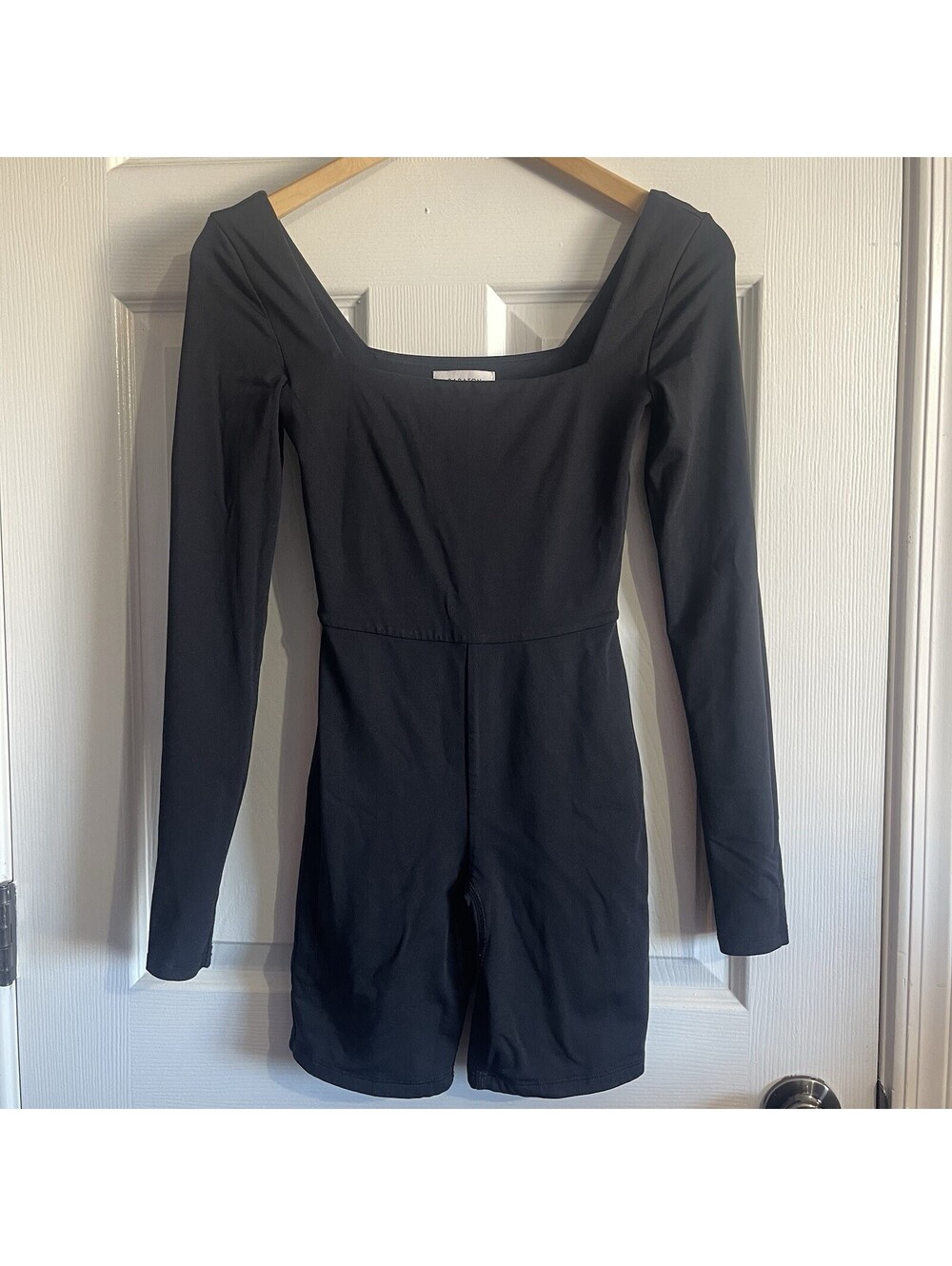 Babaton Sz XS Black Long Sleeve Square Neck Bodysuit Romper Biker Shorts FLAW